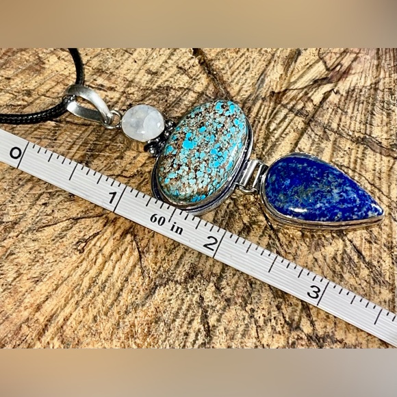 Crystal Pairing of Large Turquoise, Lapis Lazuli & Moonstone Pendant 3 1/4” - Picture 11 of 12